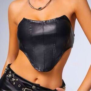 Mob Wives Western Vegan Leather Black Asymmetrical Hem Tube Crop Top